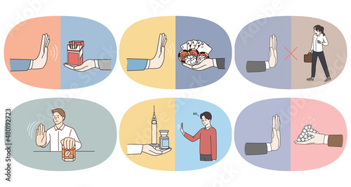 Set of person show no hand gesture refuse from bad habit. Collection of people reject negative life choices or options. Gambling, junk food and alcohol addiction problem. Vector illustration. 