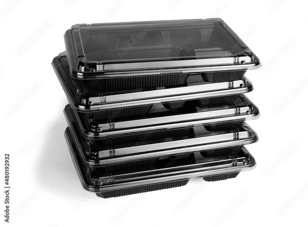 Stack of Black Plastic Takeaway Containers Stack of Black Plastic Takeaway Containers