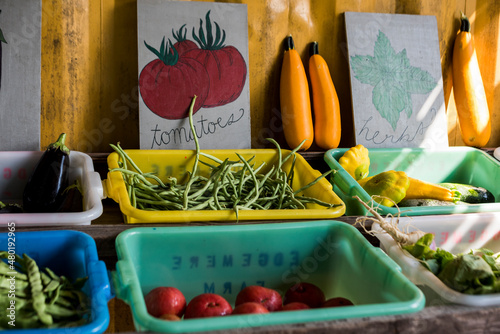 Urban farm stand with vegetables and signs