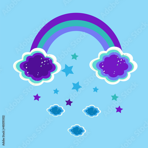 Rain clouds and rainbow flat vector illustration.