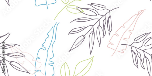 Fototapeta Naklejka Na Ścianę i Meble -  Tropical Leaf Modern Print Pastel One Line Drawing