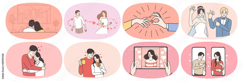Set of happy man and woman communicate meet online on internet. Smiling couple fall in love, get engaged and marry. Relationship goal concept. Love and affection. Flat vector illustration. 