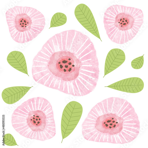 Vector illustration of Scandinavian flowers and leaves. Pastel watercolor on a white background.