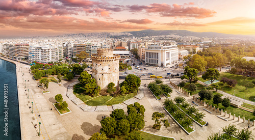 Aerial panoramic view of the main symbol of Thessaloniki city and the whole of Macedonia region - the White Tower. Concept of travel and sightseeing attractions in Greece