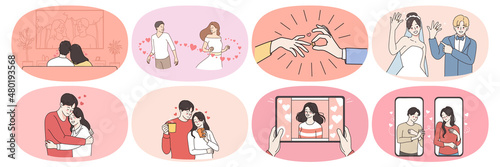 Set of happy man and woman communicate meet online on internet. Smiling couple fall in love, get engaged and marry. Relationship goal concept. Love and affection. Flat vector illustration. 