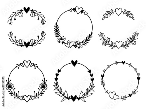 Set of laurel wreath with heart. Collection of floral frame with leaves. Design for wedding invitation. Decorative romantic elements. Vector illustration of laurel branches on white background.