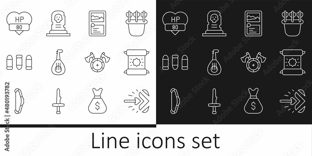 Set line Magic arrow, Decree, parchment, scroll, Card game collection, Lute, Bullet, Video bar, Medieval shield with axe and Grave tombstone icon. Vector