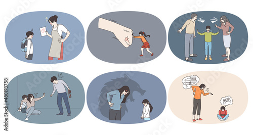 Set of parents show domestic violence towards small children. Bundle of father or mother lecture scold kids. Abusive violent behavior concept. Parenthood problem. Flat vector illustration. 