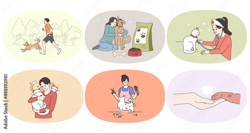 Set of pet owners play with cats and dogs show love t little human friends. Collection of diverse people take care of domestic animals. Veterinary and grooming service. Flat vector illustration.
