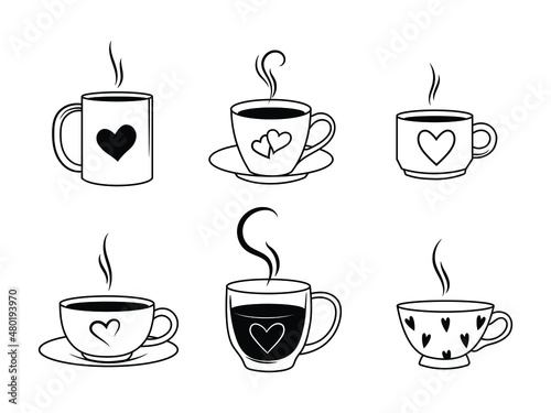 Set of cups of coffee. Collection of stylized coffee cups with heart. Vector illustration of hot drinks. Logotype for coffee house.
