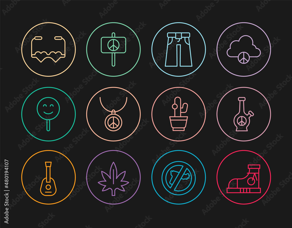 Set line Sneakers, Bong, Jeans wide, Necklace with peace symbol, Smile face, Heart shaped love glasses, Cactus and Peace icon. Vector Set line Sneakers, Bong, Jeans wide, Necklace with peace symbol, Smile face, Heart shaped love glasses, Cactus and Peace icon. Vector
