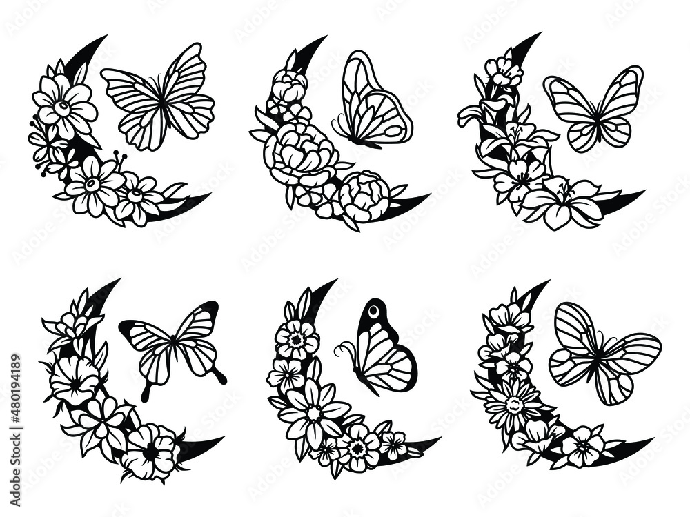 Set of floral crescent moon with butterfly. Collection of silhouettes decorative beautiful flower arrangements with insects. Botany. Vector illustration for trendy t-shirt design.Tattoo. Set of floral crescent moon with butterfly. Collection of silhouettes decorative beautiful flower arrangements with insects. Botany. Vector illustration for trendy t-shirt design.Tattoo.