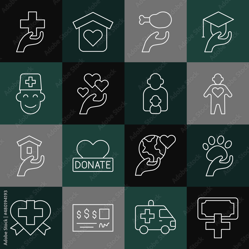 Set line Donation and charity, Animal volunteer, Volunteer, food, Heart in hand, Male doctor, with cross and Taking care of children icon. Vector Set line Donation and charity, Animal volunteer, Volunteer, food, Heart in hand, Male doctor, with cross and Taking care of children icon. Vector