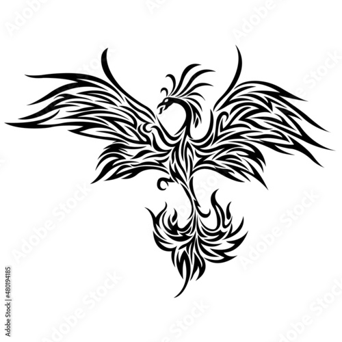 Bird silhouette - Firebird painted black drawn with different lines.Design for Phoenix bird logo, tattoo, mascot, symbol, emblem, keychain, print on clothes. Vector isolated illustration