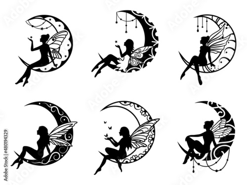 Set of ethnic crescents with fairies. Collection of moon with mandala. Design for painting with henna. Vector illustration of a cosmic body with fairy-tale characters.