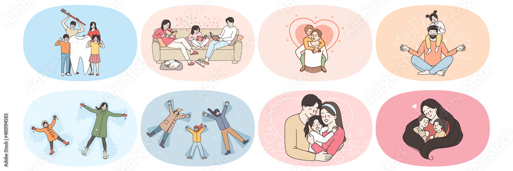 Happy parents with small children have fun relax together on winter holidays at home and outdoor. Smiling family with kids play rest on lockdown or quarantine show love. Flat vector illustration, set. Happy parents with small children have fun relax together on winter holidays at home and outdoor. Smiling family with kids play rest on lockdown or quarantine show love. Flat vector illustration, set.