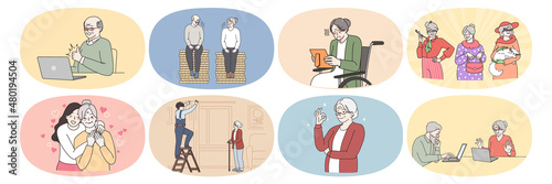 Old grey-haired grandparents enjoy happy good maturity in retirement house. Life of senior people. Saving for pension and communicating with relatives online. Elderly concept. Vector illustration. 