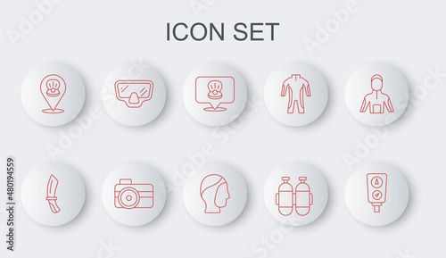 Set line Gauge scale, Diving knife, Scallop sea shell, Aqualung, mask, Photo camera for diver and hood icon. Vector