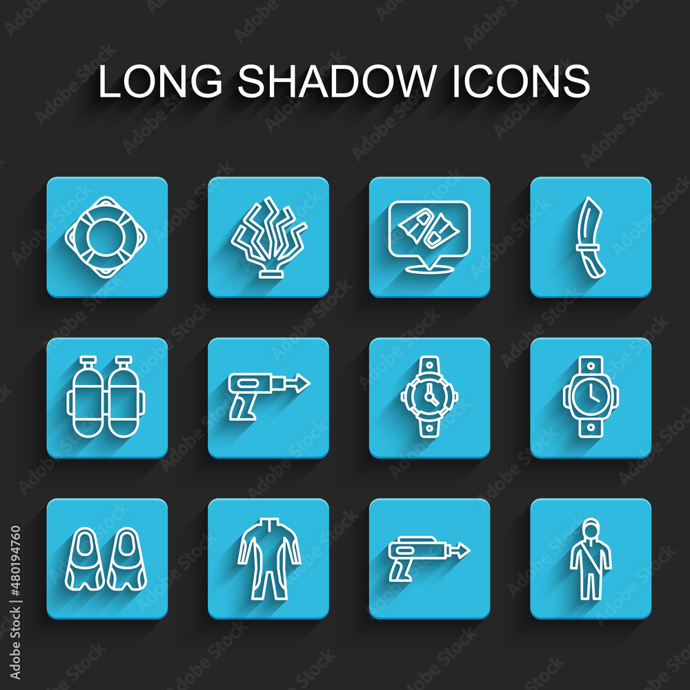 Set line Flippers for swimming, Wetsuit scuba diving, Lifebuoy, Fishing harpoon, Diving watch and icon. Vector Set line Flippers for swimming, Wetsuit scuba diving, Lifebuoy, Fishing harpoon, Diving watch and icon. Vector