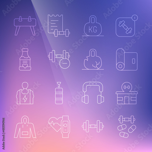 Set line Sports doping with dumbbell, Gym building, Fitness mat roll, Weight, Dumbbell, Vitamins, Pommel horse and Broken weight icon. Vector
