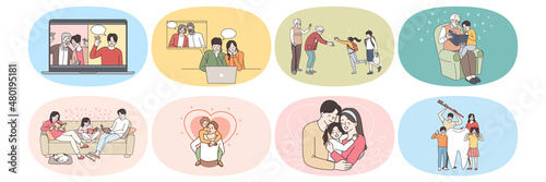 Happy family with children relax play on lockdown at home. Parents and kids talk communicate on video call on quarantine. Relative enjoy time together, show love and care. Vector illustration, set 
