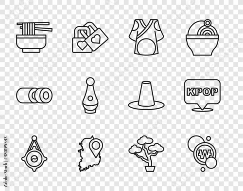 Set line Korean lantern, South won coin, Kimono, map, Ramen, Soju bottle, Bonsai tree and K-pop icon. Vector