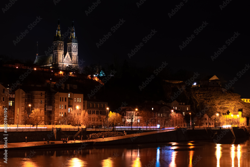 Prague at night, Basilica of Saints Peter and Paul in Vysehrad, cityscape Prague at night, Basilica of Saints Peter and Paul in Vysehrad, cityscape