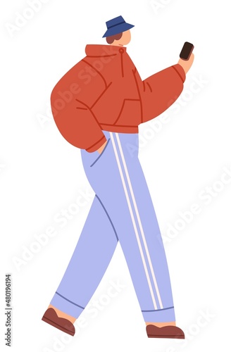 Person walking with mobile phone in hands. Young man using smartphone on the go. Guy strolling with cellphone, surfing internet, social media. Flat  illustration isolated on white background