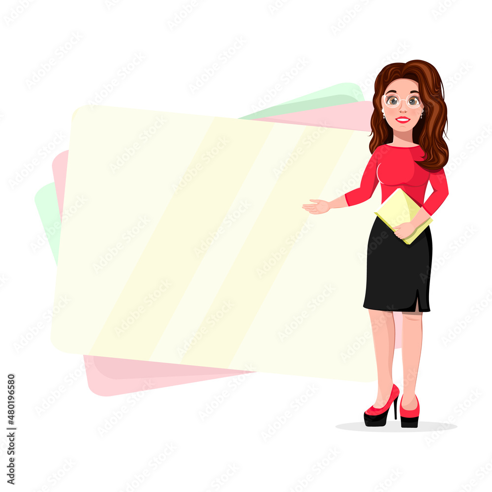 Cartoon business girl with a notebook in her hand stands near the stand Cartoon business girl with a notebook in her hand stands near the stand