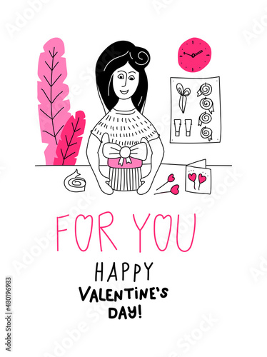 Wrapping pleasant surprise. Young girl seller wrapper and decorates a gift. Doodle Card with Lettering For You Happy Valentines Day. Love poster and postcard. Hand drawn line art vector illustration.