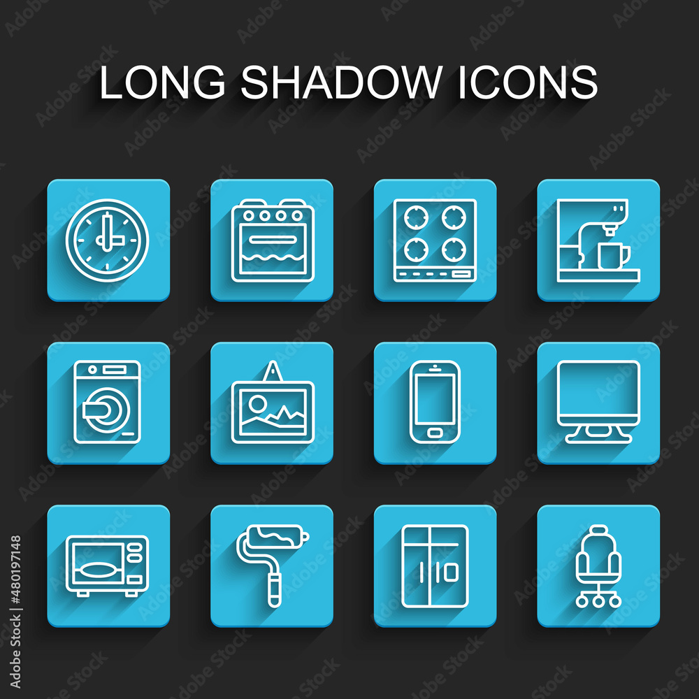 Set line Microwave oven, Paint roller brush, Clock, Refrigerator, Office chair, Picture, Smart Tv and Mobile phone icon. Vector Set line Microwave oven, Paint roller brush, Clock, Refrigerator, Office chair, Picture, Smart Tv and Mobile phone icon. Vector