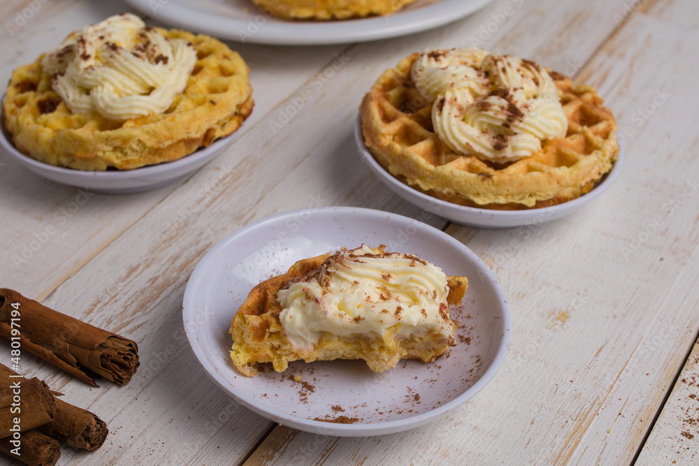 Tasty pumpkin chaffles on table
