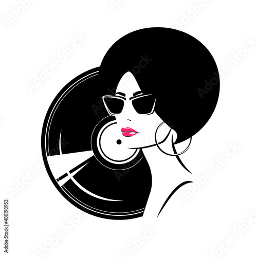 vinyl music record disk and beautiful stylish woman with funky hairstyle, red lipstick and sunglasses - old school acoustic audio revival concept vector portrait
