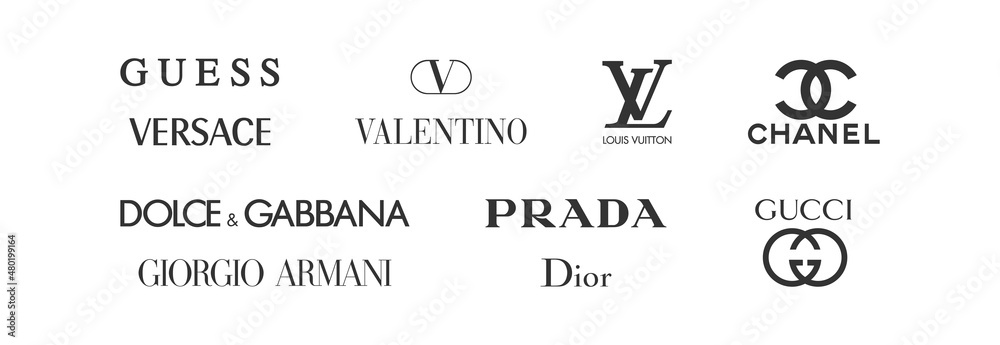 Clothing brand set icon. Valentino Top popular logo: Valentino, Versace, Guess, Dior, Louis Vuitton, Giorgio Armani, Dolce Gabbana, Prada, Chanel and Gucci. Vector editorial isolated. Ukr Vector Adobe