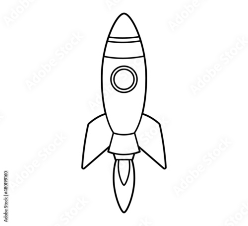 Rocket flying up into space. Icon, coloring book. Vector isolated illustration on white background, black and white line art