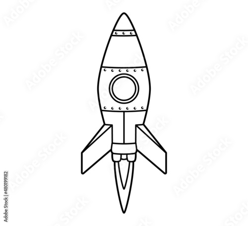 Rocket flying up into space. Icon, coloring book. Vector isolated illustration on white background, black and white line art