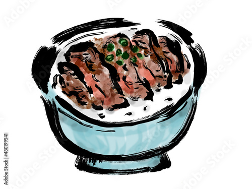 ステーキ丼の和風手描き筆描きイラスト
