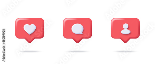Social media like icon concept. Comment and Follower. 3D Web Vector Illustrations.