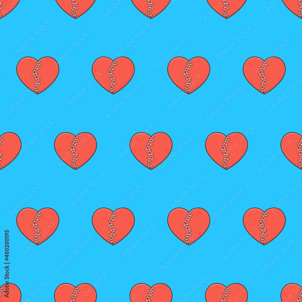 Broken Heart With Patches Seamless Pattern On A Blue Background. Broken Heart Theme Vector Illustration