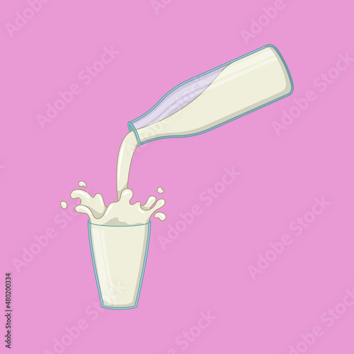 Milk bottle is poured into glass vector. Illustration of milk bottle and glass.	