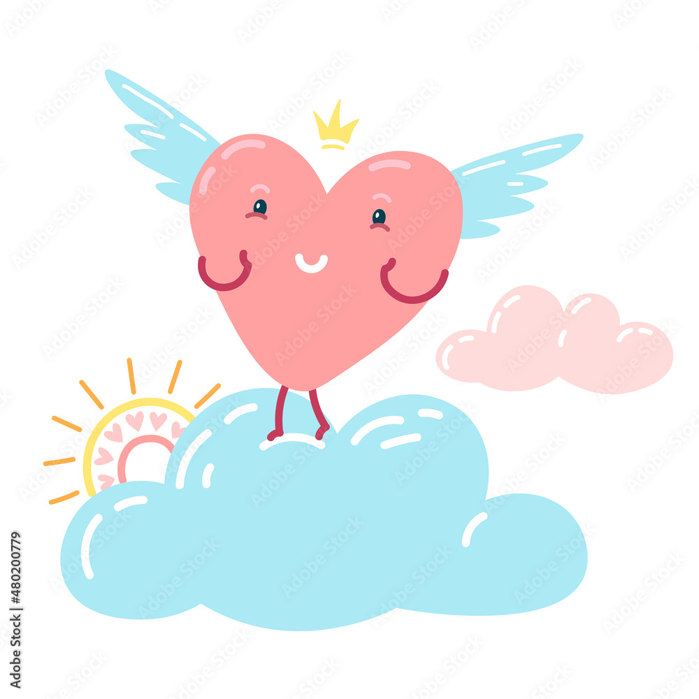 Cute cartoon character heart with wings on blue cloud Cute cartoon character heart with wings on blue cloud