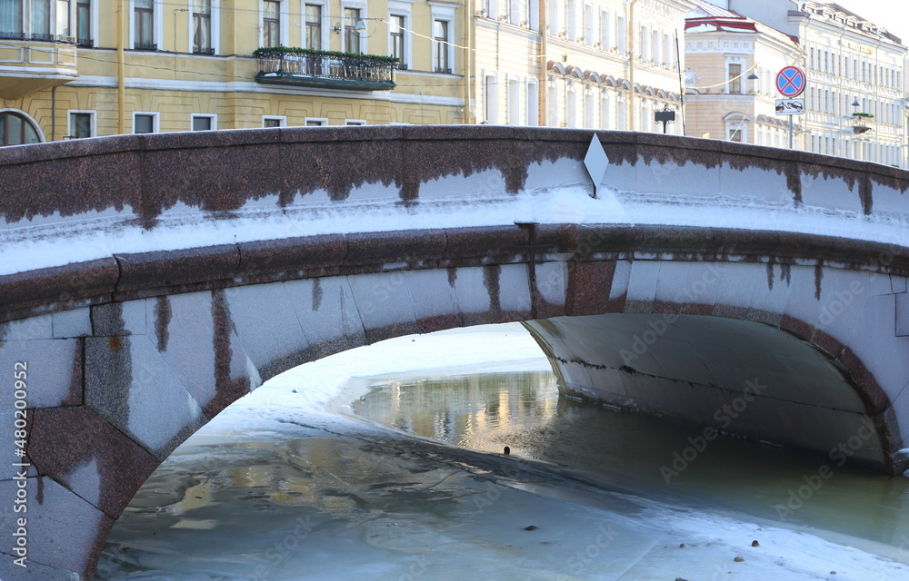Frost-covered bridge across the river, The Second Winter Bridge, St. Petersburg, Russia, January 2022