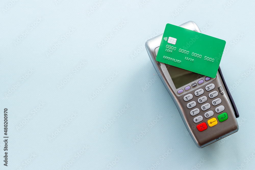 Pos credit card terminal, top view. Payment transactions concept