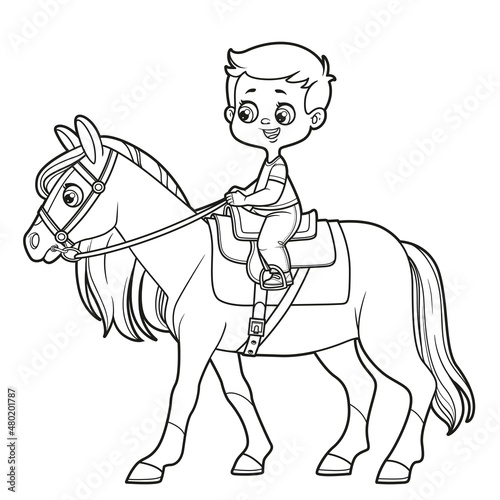Cute cartoon boy rides a horse while sitting in the saddle outlines isolated on white background