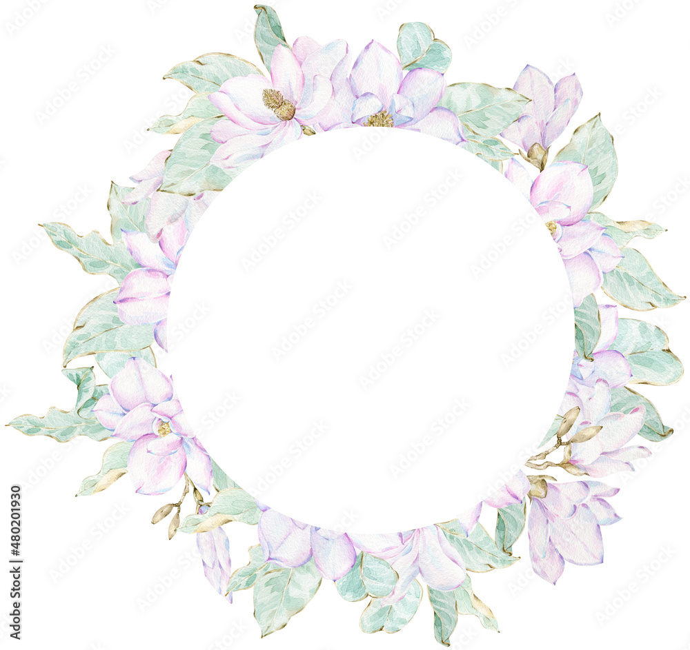 Wreath of Magnolia flower. Watercolor frame for advertising, greeting card and banners design. Floral Mother's day template. Pink magnolia Valentine's Day circle frame.
