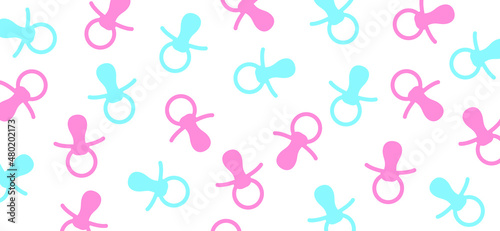 Baby pacifier icon. Baby nipple thin line symbol. Vector flat pattern, baby dummy logo. Baby boy and girl, blue and pink background.