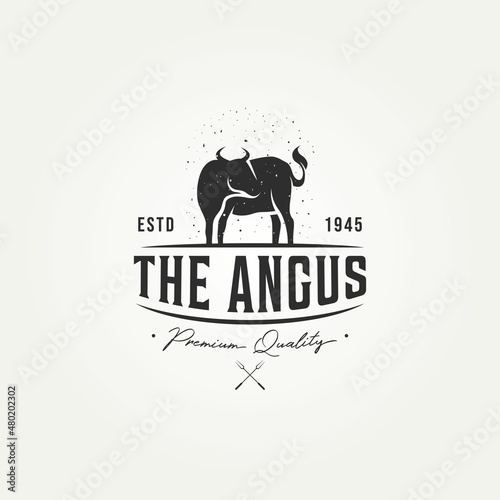 vintage silhouette cattle angus cow beef butcher meat shop retro logo template vector illustration design