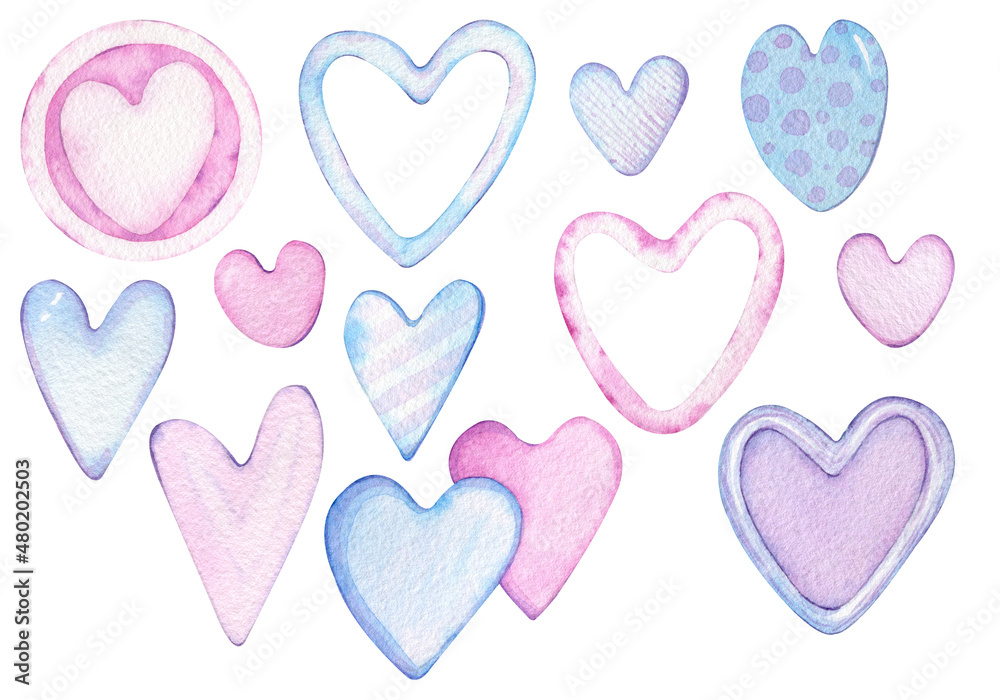 Set of colored watercolor hearts. Hand-drawn collection of Pink and blue hearts. Valentine's day decoration.