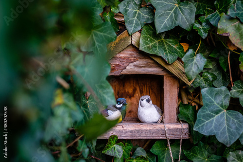 Bird house with stone birds in garden Fototapet