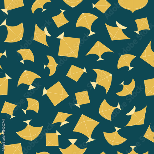Flying Kites Seamless Pattern. Vector Illustration for Kite Festival. Yellow Kites on a Midnight Green Background. For Wallpaper, Textile, Wrapping paper, Scrapbook, Stickers, Packaging